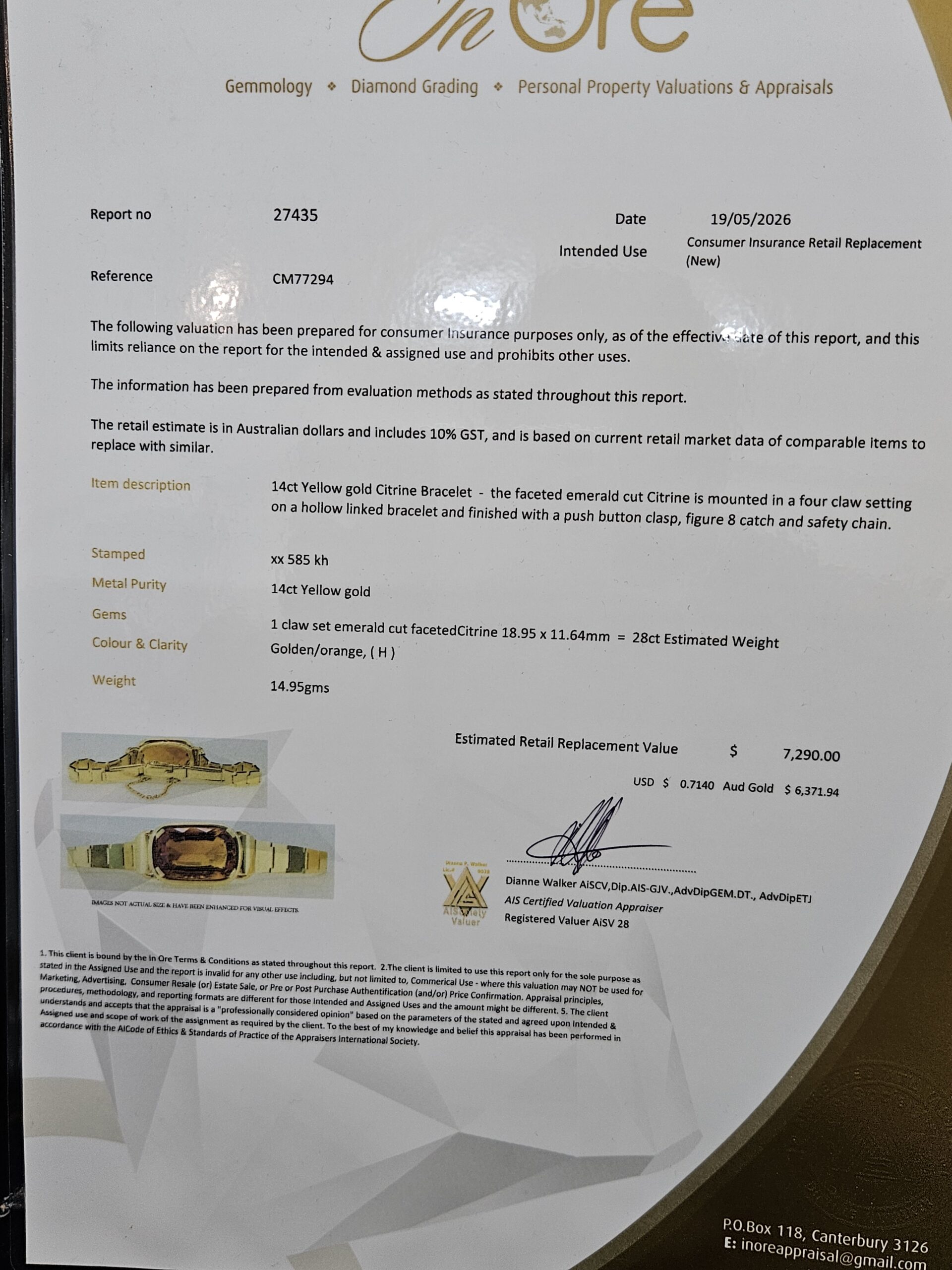 Vintage 14ct Yellow Gold Bracelet Set with a 28ct Citrine Valuation $7290.00 AUD - Image 7