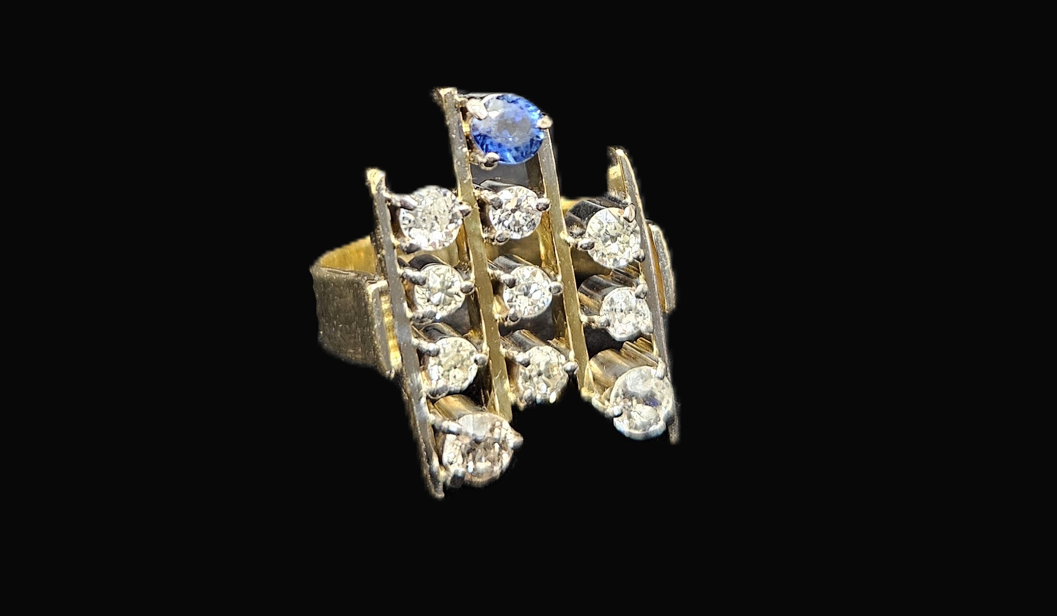 18ct Yellow/White Gold "Brutalist" Diamond & Sapphire Ring Valuation $10980.00 AUD Size N1/2 - Image 3