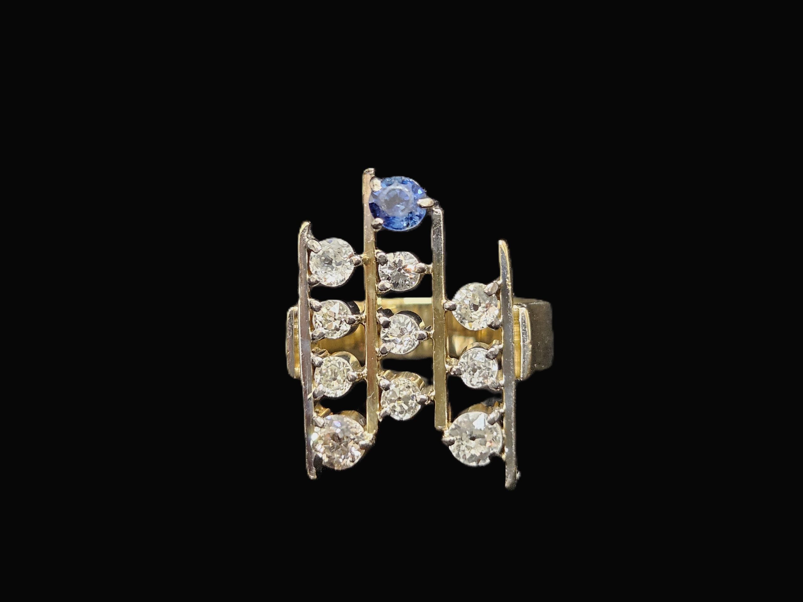 18ct Yellow/White Gold "Brutalist" Diamond & Sapphire Ring Valuation $10980.00 AUD Size N1/2 - Image 7
