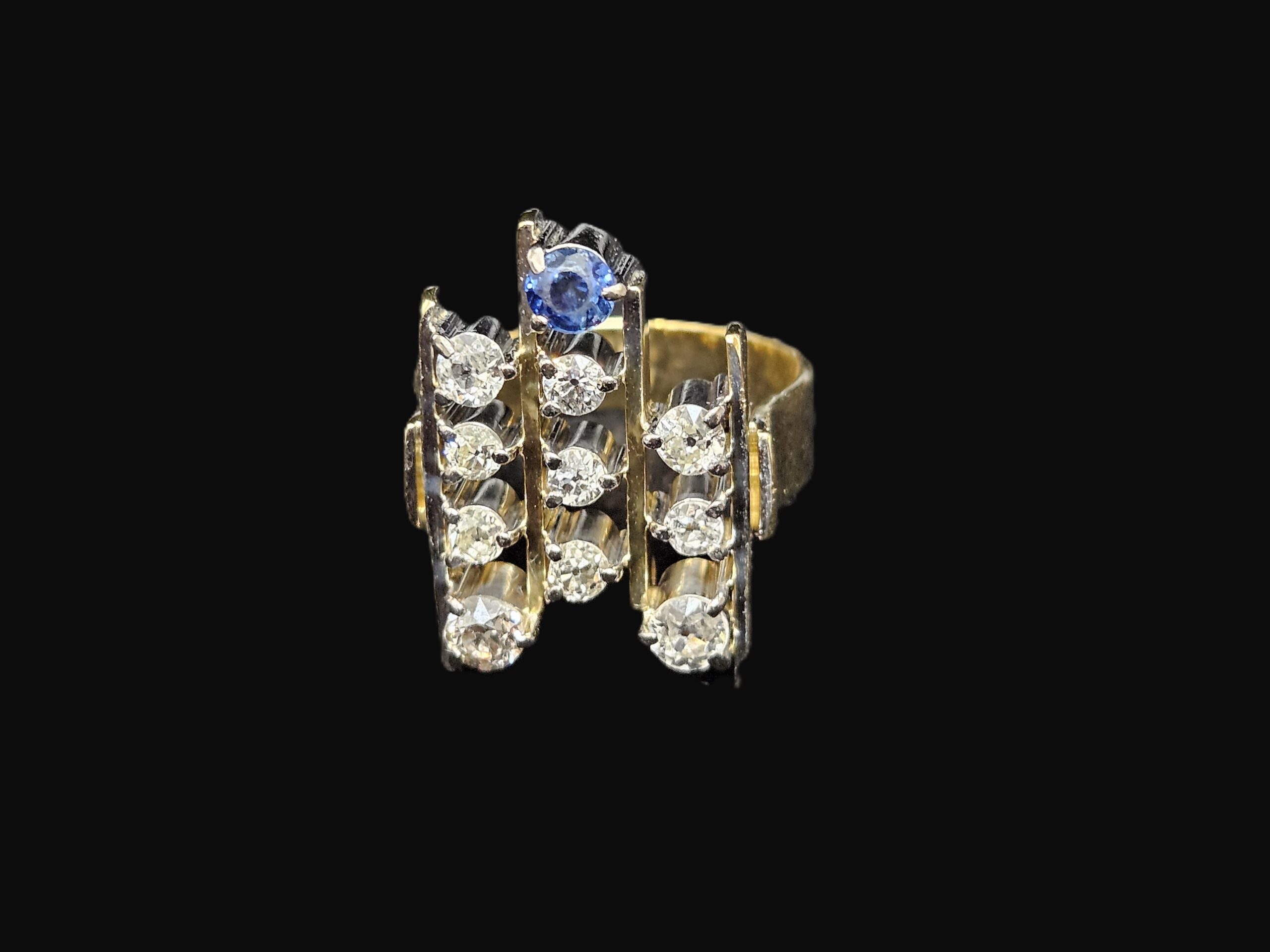 18ct Yellow/White Gold "Brutalist" Diamond & Sapphire Ring Valuation $10980.00 AUD Size N1/2 - Image 8