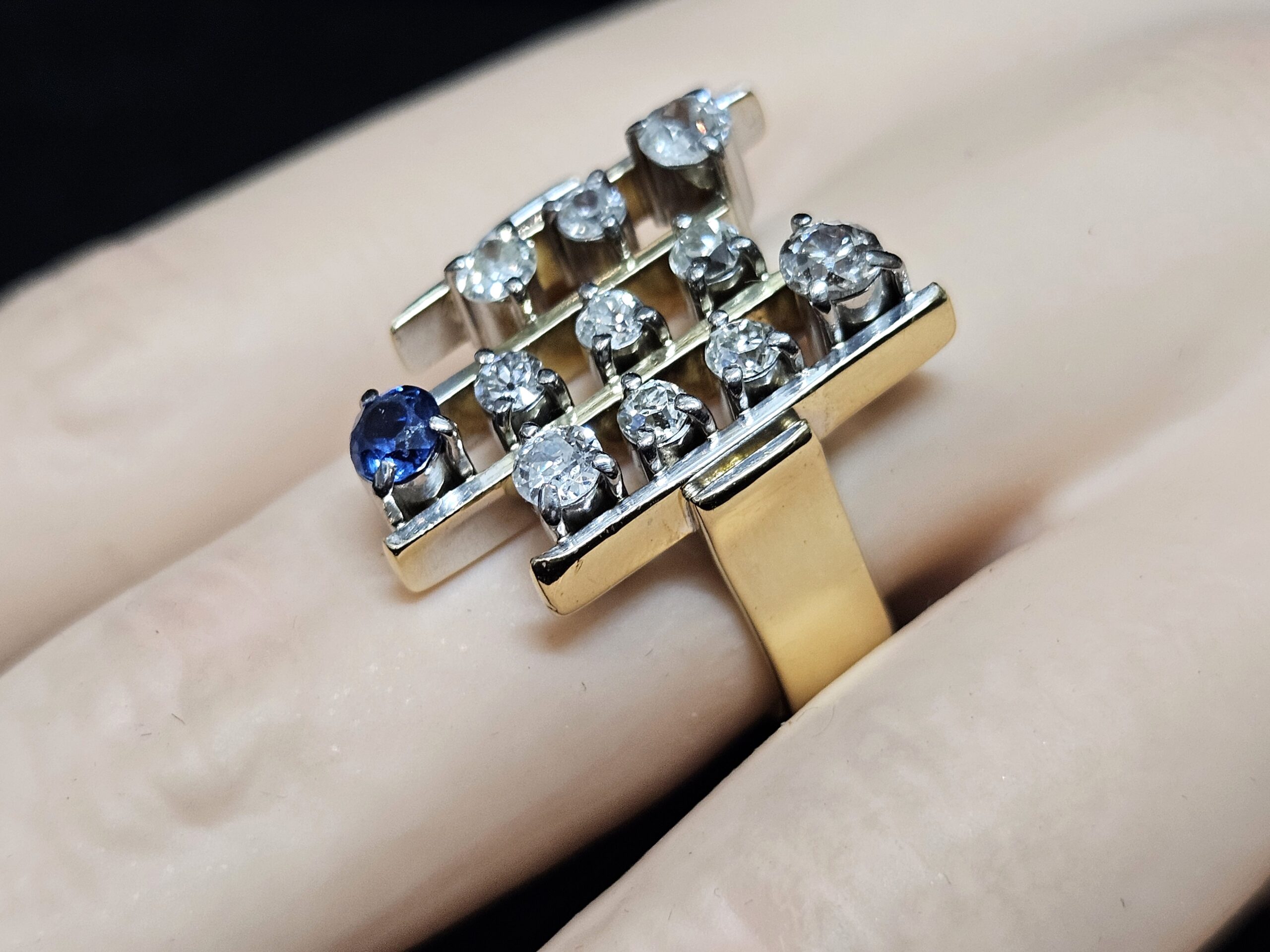 18ct Yellow/White Gold "Brutalist" Diamond & Sapphire Ring Valuation $10980.00 AUD Size N1/2 - Image 9