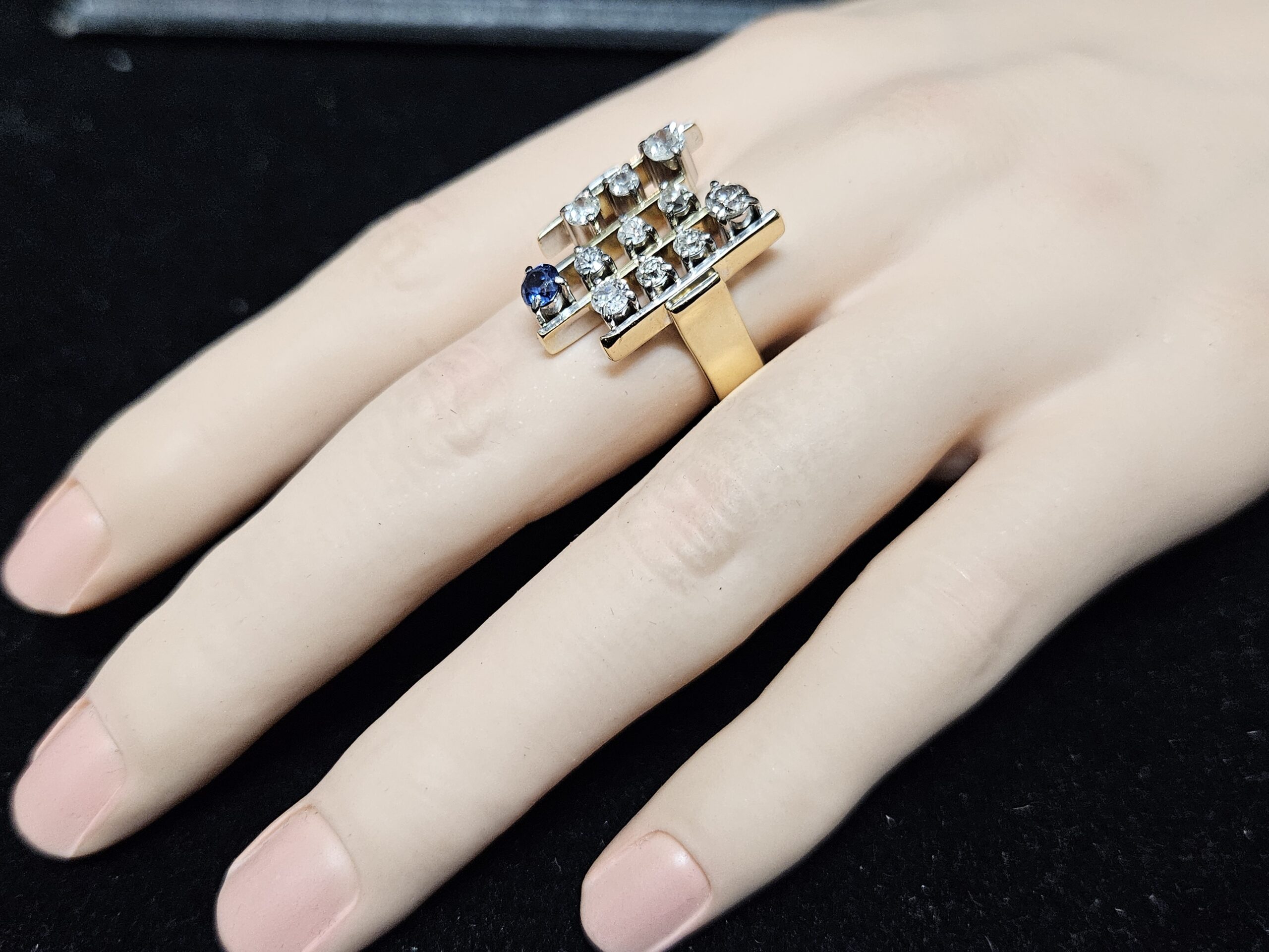 18ct Yellow/White Gold "Brutalist" Diamond & Sapphire Ring Valuation $10980.00 AUD Size N1/2 - Image 10