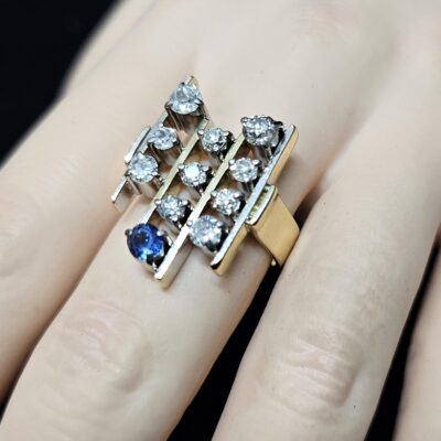 18ct Yellow/White Gold "Brutalist" Diamond & Sapphire Ring Valuation $10980.00 AUD Size N1/2