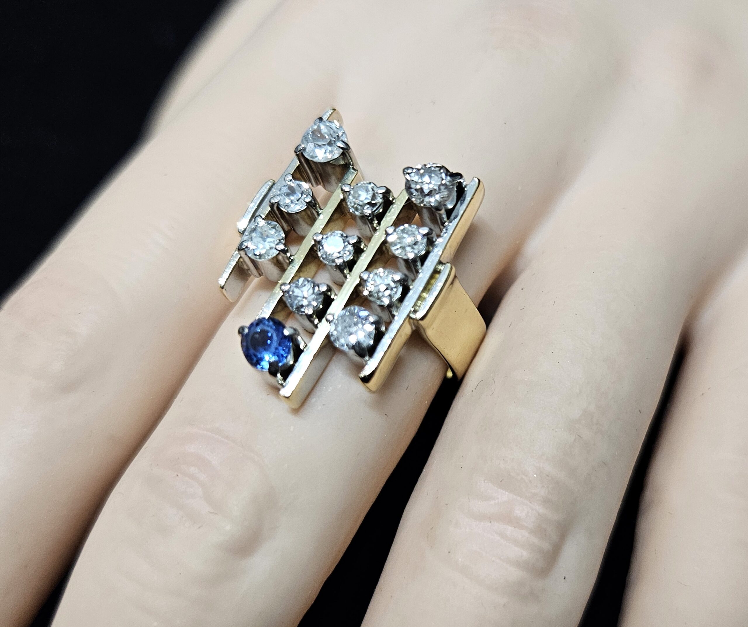 18ct Yellow/White Gold "Brutalist" Diamond & Sapphire Ring Valuation $10980.00 AUD Size N1/2