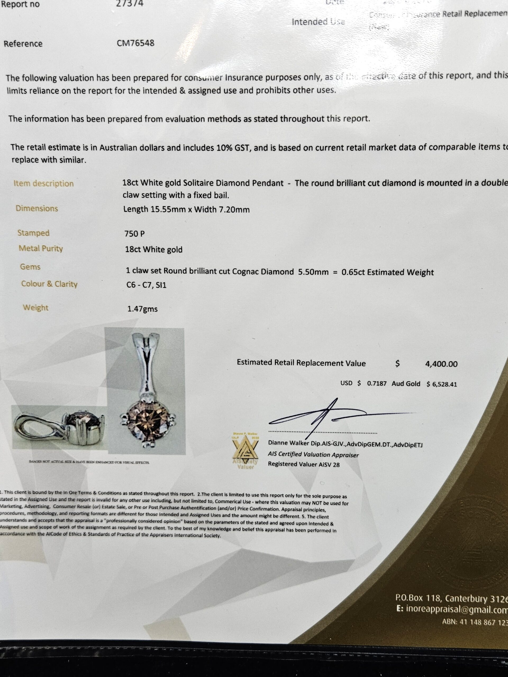 18ct White Gold Cognac Solitaire Diamond Pendant 0.65ct (Est) Val $4400.00 AUD - Image 2
