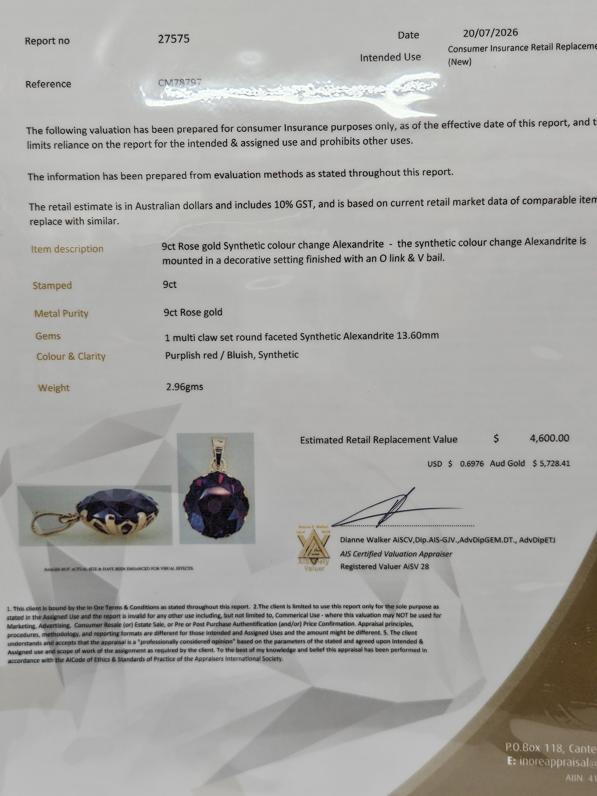 9ct Rose Gold Synthetic Colour Change Alexandrite Pendant Valuation $4600.00AUD - Image 8