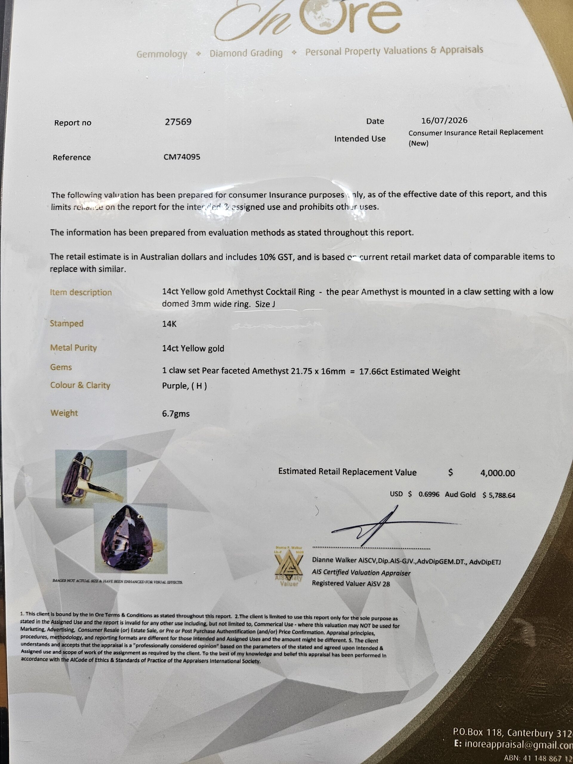 14ct Yellow Gold 17.66ct Pear Shape Amethyst Cocktail Ring Size J Valuation $4000.00 - Image 2